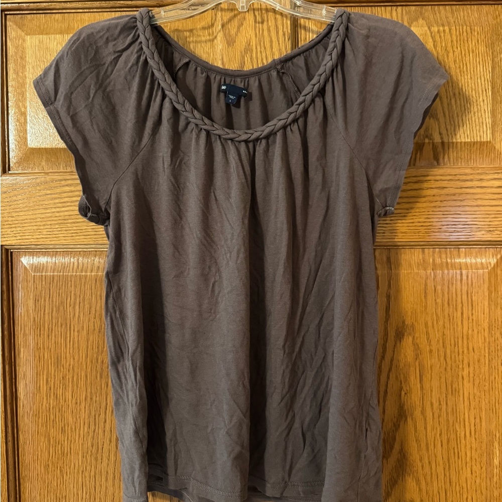 GAP Brown Short Sleeve Top with Braided Scoop Neck